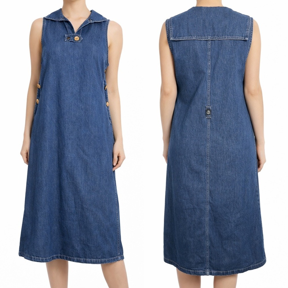 Original TY Wear Denim Jumper Dress Womens 12P Blue Nautical Sailor Midi Vintage